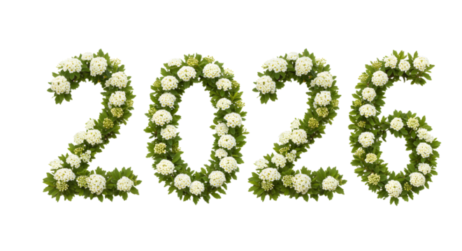 2026 made of white roses and green leaves floral arrangement, decorative numbers for New Year celebrations