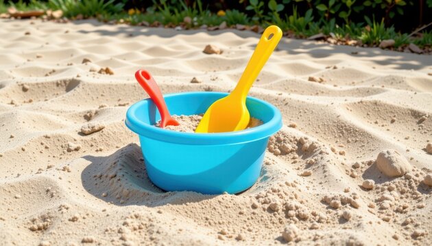 Colorful plastic beach toys including a small bucket and shovels on sandy shoreline with green grass and plants in the background for children outdoor summer fun