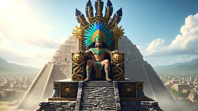 An ancient tribal king with a feathered headdress sitting on a throne atop a pyramid.