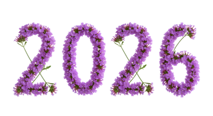 2026 spelled out with purple flowers floral numbers isolated on white background, spring decoration perfect for seasonal or New Year projects
