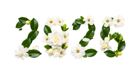 2026 year made with white flowers and green leaves, nature concept, spring and summer design, perfect for calendars and greeting cards