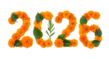2026 formed with orange marigold flowers and green leaves on white background, floral number decoration perfect for New Year and spring celebrations