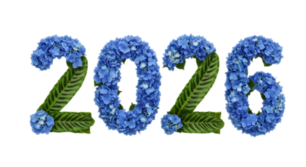 2026 floral numbers made with blue hydrangea flowers and green leaves, perfect for calendars or seasonal greeting cards