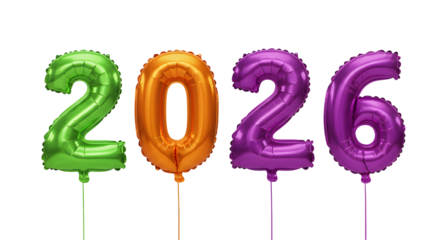 Colorful foil balloons shaped as 2026 number in green, orange and purple colors, ideal for New Year celebrations or milestone parties