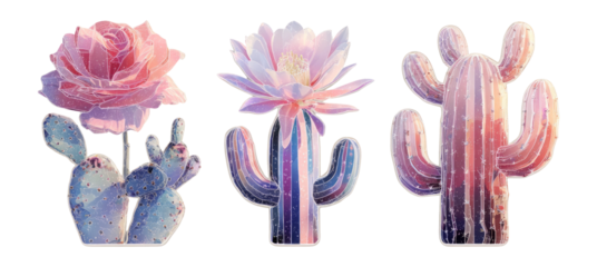 Colorful Floral and Cactus Illustrations with Transparent Background