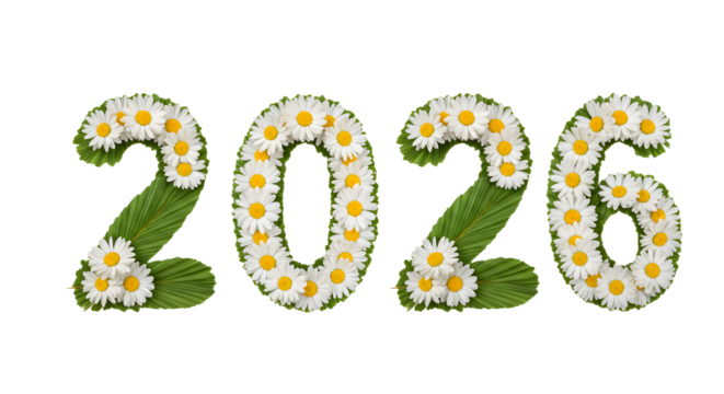 2026 made of green leaves and white daisies isolated on white background, fresh floral design for new year celebration and spring themes