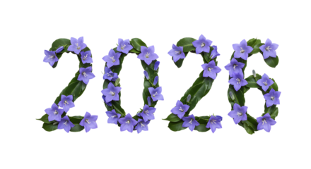 2026 number made of purple flowers with green leaves on white background, decorative floral digits perfect for spring or garden themes