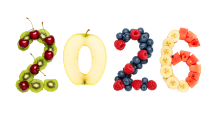 Creative 2026 numbers made from fresh fruits including kiwi, apple, blueberry, banana and watermelon, healthy concept perfect for nutrition and diet promotion