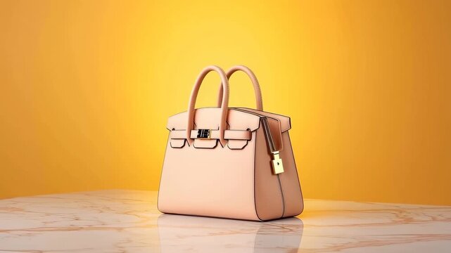 Elegant beige leather handbag with gold lock, structured double handle design, marble table luxury fashion accessory, chic modern feminine stylish