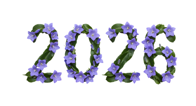 2026 number made of purple flowers with green leaves on white background, decorative floral digits perfect for spring or garden themes