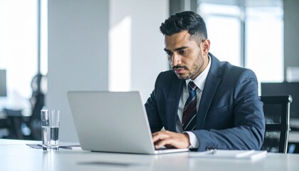 A Focused Businessman Works On A Laptop, In This Image, A Professional Individual Is Engrossed In Using A Laptop, Emphasizing Productivity And Efficiency In A Modern Office Environment,