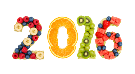 Fresh fruit arranged in the shape of 2016 with banana, blueberry, raspberry, orange, kiwi, and watermelon slices, perfect for healthy New Year or celebration themes