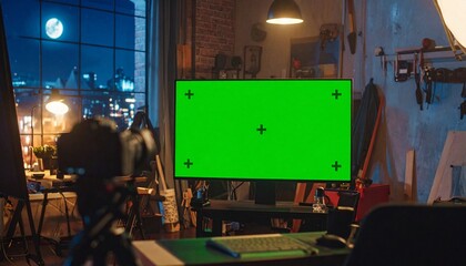 A Green Screen Displayed On A Monitor In A Dark Studio With A Nighttime View, Perfect For Content Creation And Video Production, Featuring A Beautiful Moon In The Background.