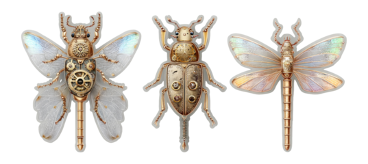 Intricate Insect Designs in Steampunk Style with Transparent Background