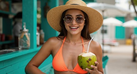 A happy woman in a bikini and sun hat smiling with a coconut drink. Enjoying a summer vacation at a tropical beach resort. Relaxed lifestyle concept.