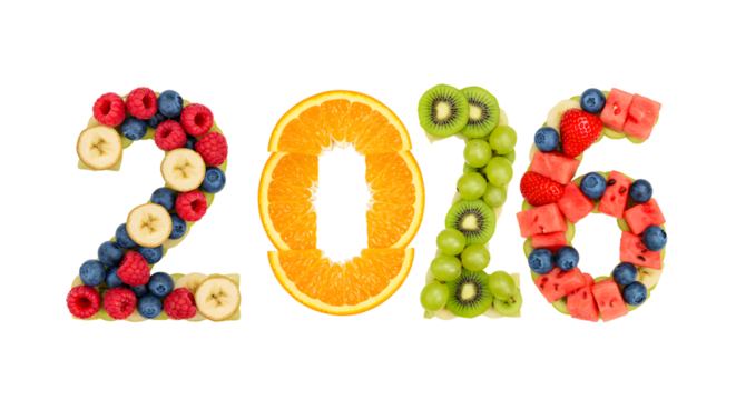 Fresh fruit arranged in the shape of 2016 with banana, blueberry, raspberry, orange, kiwi, and watermelon slices, perfect for healthy New Year or celebration themes
