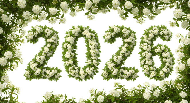 2026 numbers made from white flowers surrounded by white floral frame, spring or summer seasonal decoration, perfect for new year or wedding events
