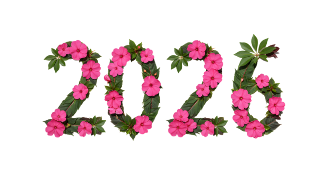2026 year number made of green leaves and pink flowers isolated on white background, perfect for floral design projects