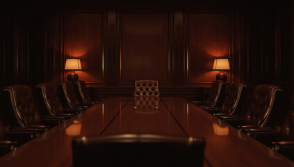 Dark mahogany boardroom, empty chairs, long table.