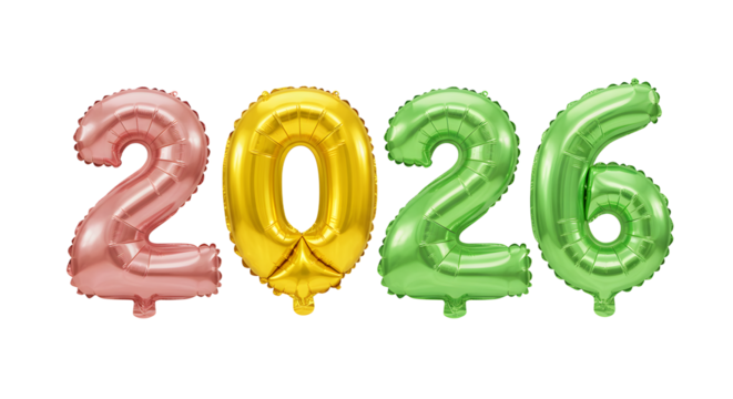 2026 colorful metallic number balloons in pink, gold, and green on white background, perfect for New Year celebrations or milestone events