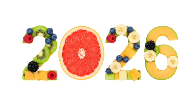 Fresh fruit numbers 2026 made of kiwi, grapefruit, banana, berries and melon, healthy food concept and creative idea