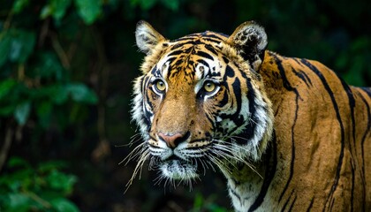 A Majestic Tiger A Stunning Close Up Portrait Showcasing The Beauty Of A Wild Bengal Tiger In Its Natural Habitat, Highlighting The Intricate Details Of Its Face And Striking Eyes.