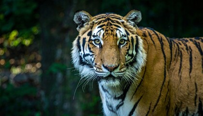 A Majestic Tiger Gazes Directly At The Viewer, Showcasing Striking Details Of Its Fur, Stripes, And Powerful Presence, A Stunning Wildlife Portrait. With Comprehensive Details And
