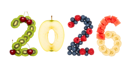 2026 spelled out with various fresh fruits including kiwi, cherries, apple, blueberries, and watermelon, healthy and colorful concept
