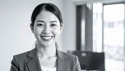 A Smiling Asian Woman In Business Attire, Radiating Confidence And Professionalism, Portrait In Monochrome With Natural Light, Ideal For Corporate And Business Imagery, Demonstrating