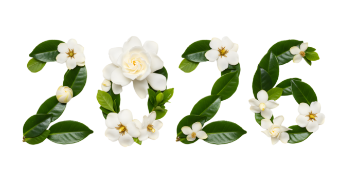Natural 2026 numbers made of green leaves and white flowers, ecological concept for new year or future dates - Powered by Adobe