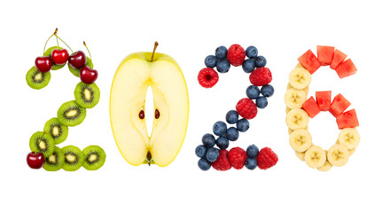 Number 2026 made from fresh fruits including kiwi, cherries, apple, blueberries, raspberries, watermelon, and banana, perfect for healthy eating and nutrition content