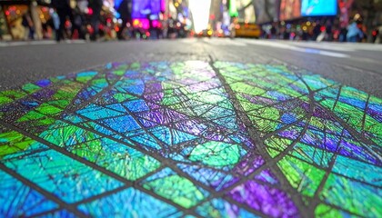 A Stunning Abstract Mosaic Artwork Displayed On City Street, Featuring Vibrant Blues, Greens, And Purples In A Striking Geometric Pattern, Capturing The Energy Of Urban Life.