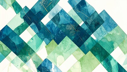 A Stunning Abstract Watercolor Painting Featuring Interlocking Teal And Green Geometric Shapes, Creating A Modern And Elegant Design Perfect For Home Decor And Wall Art.