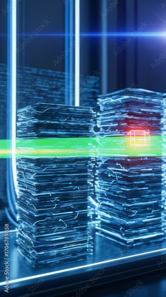 Poster abstract neon futuristic data servers stacked with glowing light beams and red squares against a dar