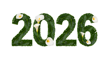 2026 year numbers made of green leaves and white calla lilies on black background, eco friendly concept, perfect for new year designs