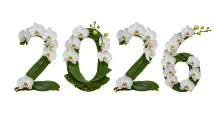 2026 year numbers made with white orchid flowers and green leaves isolated on white background, perfect for floral or nature themes