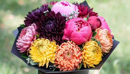 A Stunning Bouquet Of Dahlias, Peonies, And Chrysanthemums In Vibrant Colors, Arranged In An Elegant Black Box, Perfect For Gift Giving Or Special Occasions.