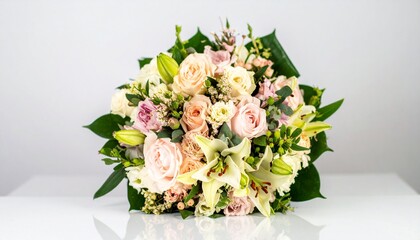A Stunning Bouquet Of Roses And Lilies Displayed On A White Surface, Showcasing A Beautiful Arrangement For Celebrations And Special Occasions, Featuring A Variety Of Blossoms.