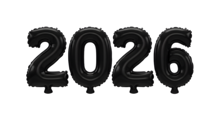Black foil balloons shaped as numbers 2026 isolated on white background, perfect for New Year celebrations or milestone events