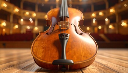 A Stunning Close Up Of A Violin, A Musical Instrument, Set Against A Blurred Theater Background With Warm Lighting, Showcasing Craftsmanship And Classical Music Inspiration.