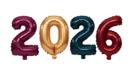 Shiny foil balloons in numbers 2026 in purple, gold, blue, and red colors for New Year or birthday celebrations