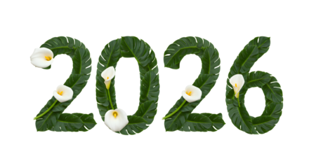 2026 made of green leaves with white flowers on black background, eco-friendly nature concept, perfect for environmental events