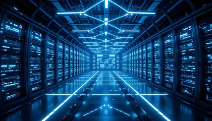 Fototapeta premium Modern Server Room Corridor with Vibrant Blue Neon and Digital Displays