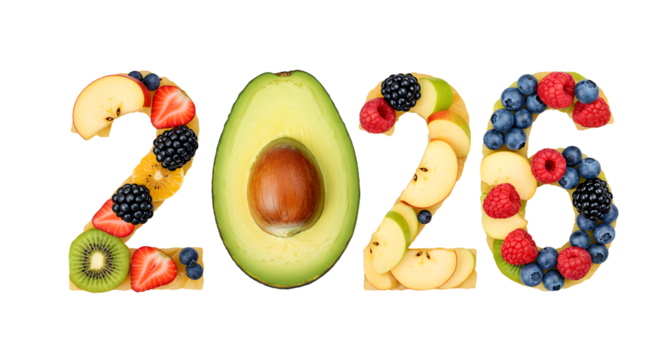 2026 made of fresh fruits including apple slices, avocado, kiwi, strawberries, blueberries and raspberries on white background, healthy lifestyle concept