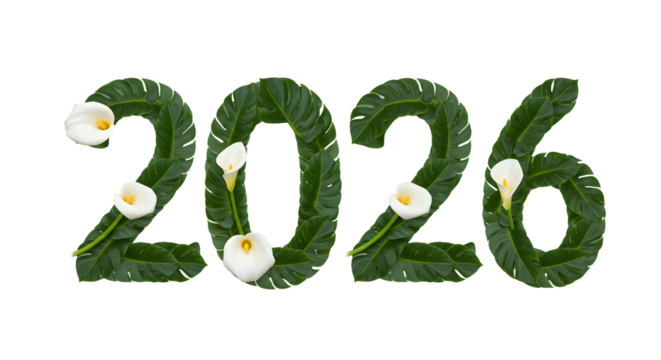 2026 made of green leaves with white flowers on black background, eco-friendly nature concept, perfect for environmental events