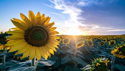 A Beautiful Sunflower Field At Sunset, Capturing The Golden Hour Glow, Showcasing The Vibrant Yellow Petals And Lush Green Foliage, Creating A Serene And Picturesque Agricultural Landscape.