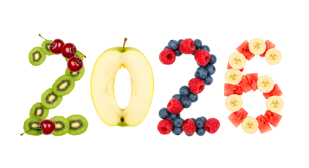 2026 numbers made from fresh fruits including kiwi, apple, blueberries, raspberries, and banana slices, healthy concept for new year or future dates