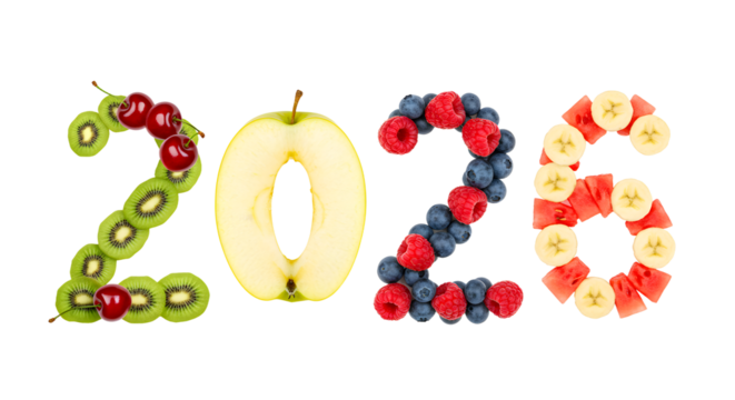 2026 numbers made from fresh fruits including kiwi, apple, blueberries, raspberries, and banana slices, healthy concept for new year or future dates