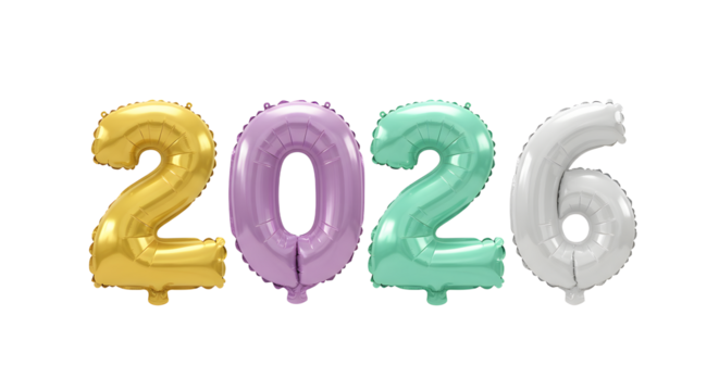 Colorful foil balloon numbers forming 2026 in gold, purple, teal, and silver, perfect for New Year celebrations or milestone events