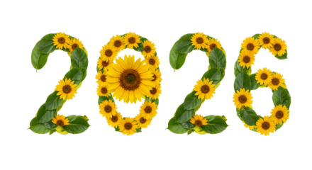 2026 numbers made of green leaves and yellow sunflowers isolated on white background, natural eco concept, perfect for environmental campaigns